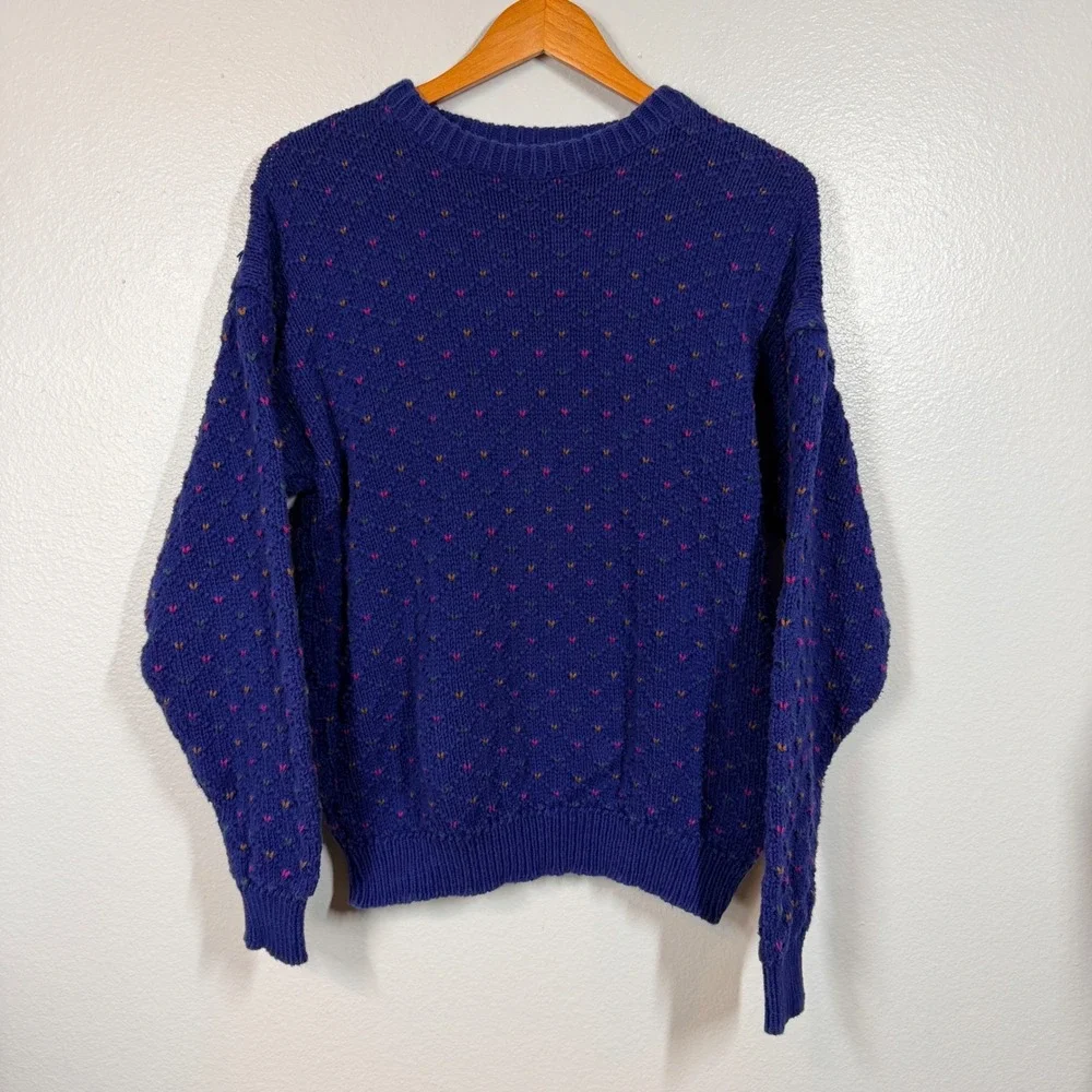 REI Sweater Women Large Blue Pointelle Knit Vintage Crewneck Pullover USA